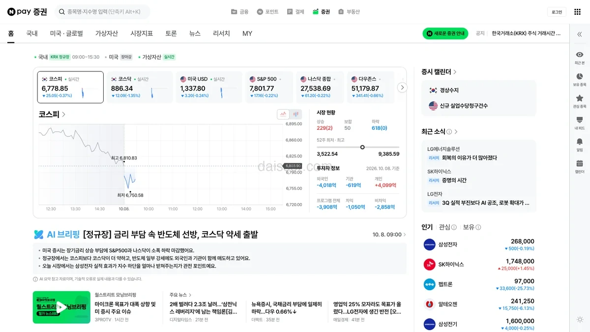 네이버 증권 홈페이지